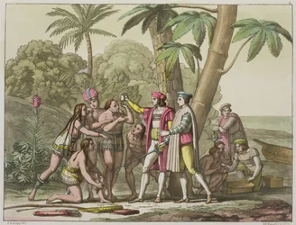 Christopher Columbus (1451-1506) intiaanien kanssa, "Le Costume Ancien et Moderne", osa I, levy 4, Jules Ferrario, kaiverrus D.K. Bonatti, julkaistu noin 1820-30-luvulla (akvatinta)